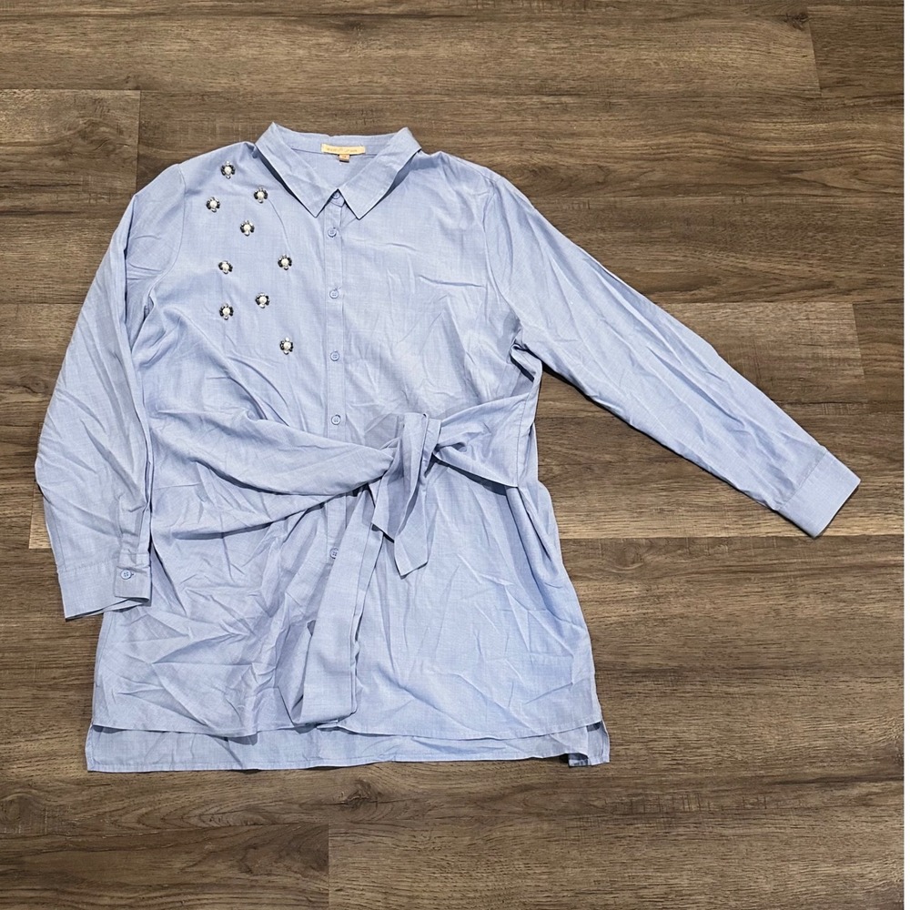 Gibson Latimer Womens Blue Tie Waist Pearl Embellished Oxford Shirt LA1162OXF M